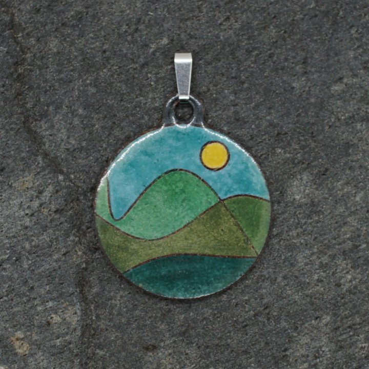 Mountains Enamel Pendant – Landscape – Enamel on Copper – Vitreous Enamel – Handmade – Art Jewelry – Enamelled