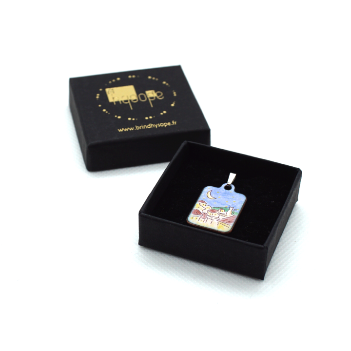 Pendentif émail Chat sur les toits lune ciel étoilé - Émaillé tons pastel - Émail sur cuivre - Émaux Grand Feu - Fait main