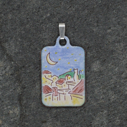 Pendentif émail Chat sur les toits lune ciel étoilé - Émaillé tons pastel - Émail sur cuivre - Émaux Grand Feu - Fait main- Bijo