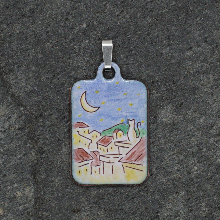 Pendentif émail Chat sur les toits lune ciel étoilé - Émaillé tons pastel - Émail sur cuivre - Émaux Grand Feu - Fait main