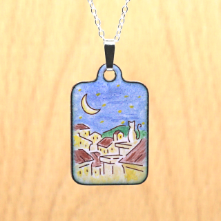Copper Enamel Pendant - Cat on the Roofs