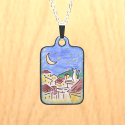 Pendentif émail Chat sur les toits lune ciel étoilé - Émaillé tons pastel - Émail sur cuivre - Émaux Grand Feu - Fait main- Bijo