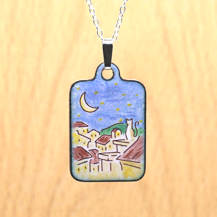 Copper Enamel Pendant - Cat on the Roofs