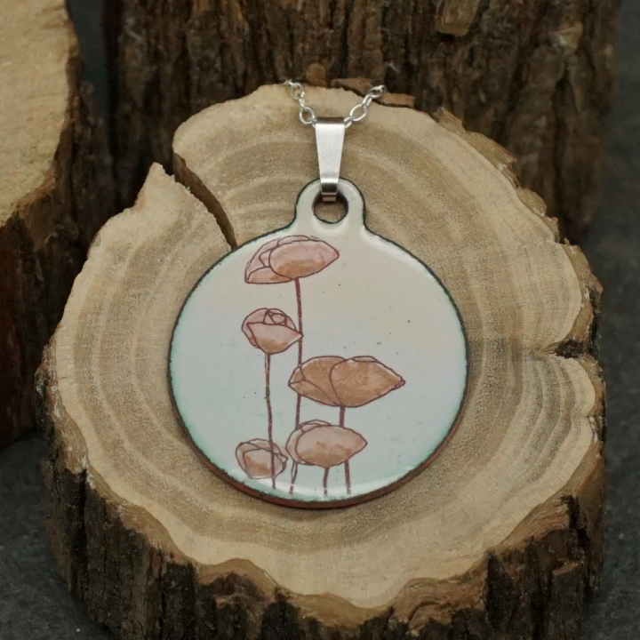 Copper Enamel Pendant - Poppies