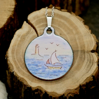Pendentif en émail sur cuivre - Bateau Paysage Marin