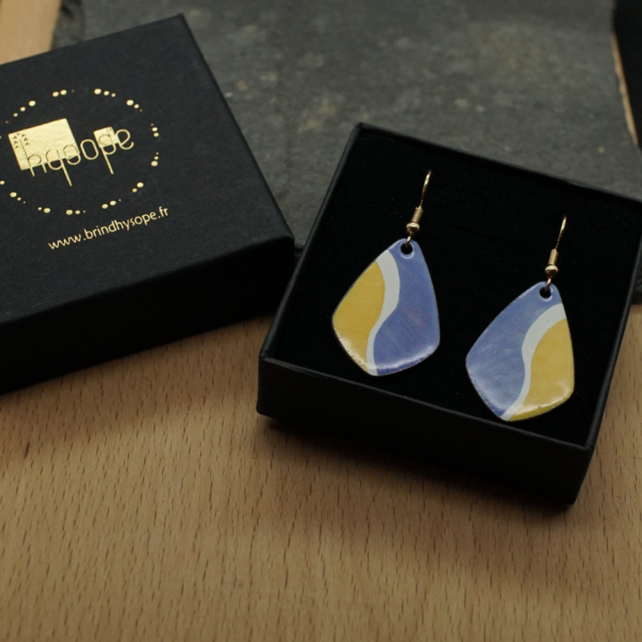 Boucles d'oreilles - Zigzag Bleu et Moutarde - Émaillé - Émail sur cuivre - Émail Grand Feu - Fait main - Bijou art