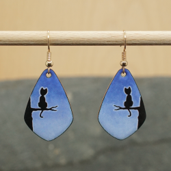 Silhouette Chat sur branche - Boucles d'oreilles en émail