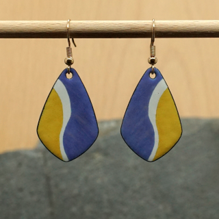 Copper Enamel Earrings - Blue and Mustard Zigzag
