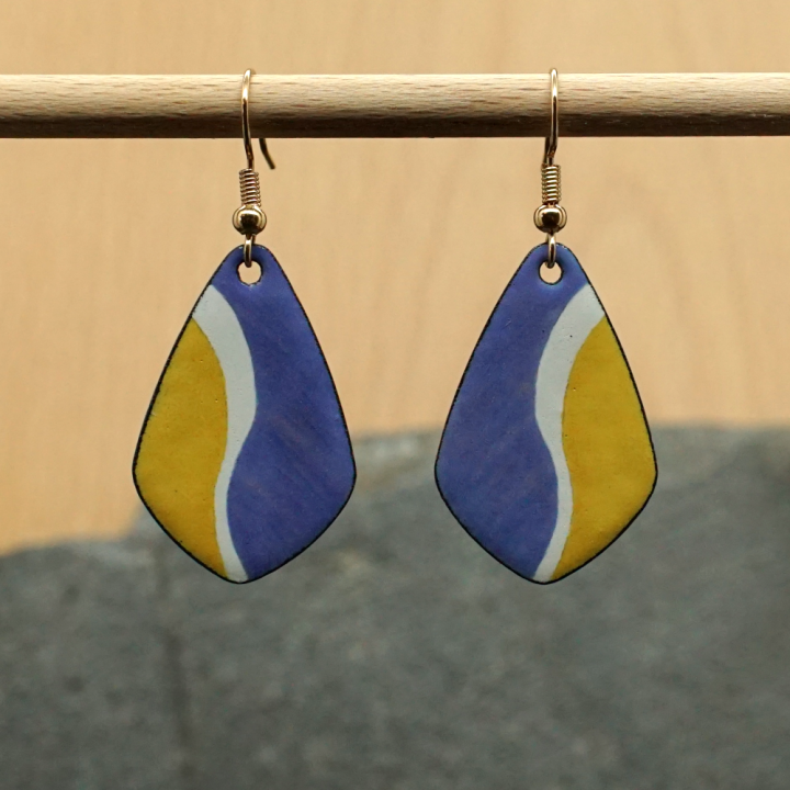 Boucles d'oreilles en émail sur cuivre - Zigzag Bleu et Moutarde