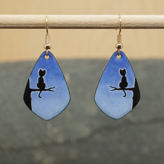 Boucles d'oreilles émail sur cuivre - Silhouette Chat sur branche