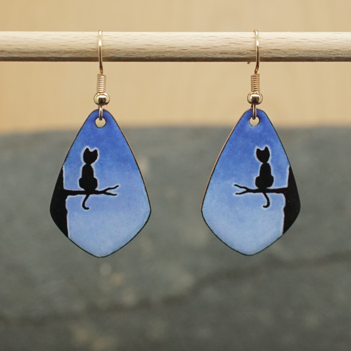 Boucles d'oreilles émail sur cuivre - Silhouette Chat sur branche