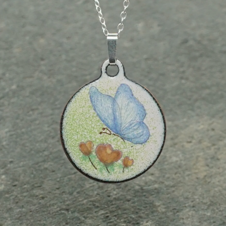Pendentif émail sur cuivre - Papillon Bleu